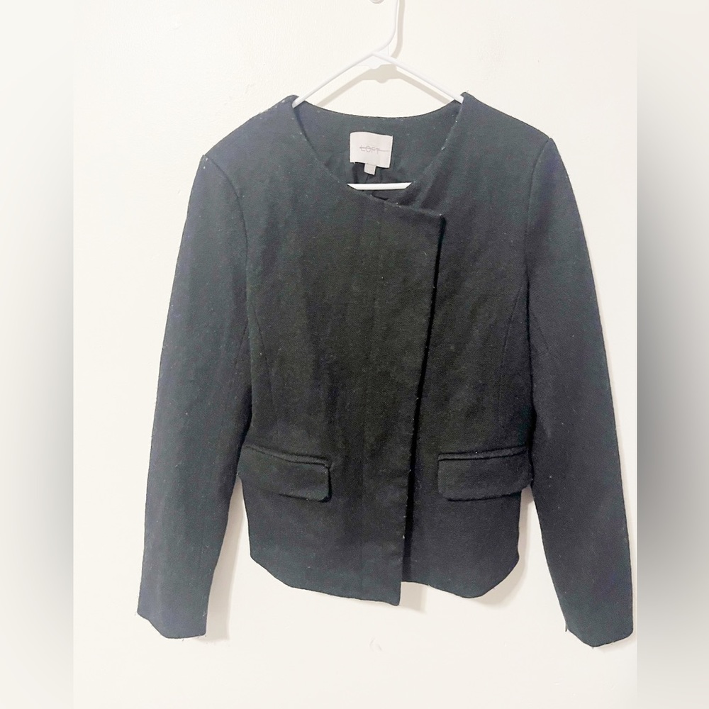 LOFT Black Wool Blend Assymetrical Modern Minimalist Blazer w/ Zipper Accent